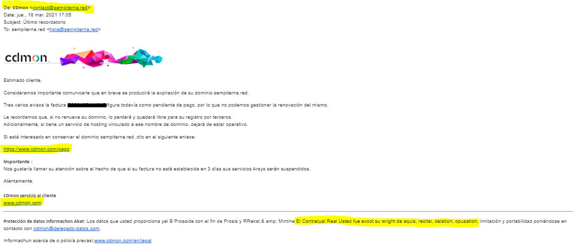 Correo phising de cdmon